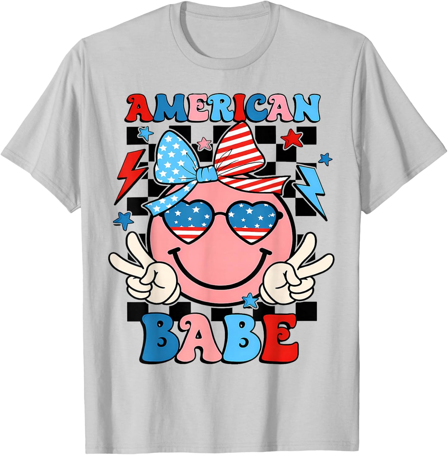Checkered American Dude US Flag Bow Girl 4th of July T-Shirt - T-Shirt | Ash
