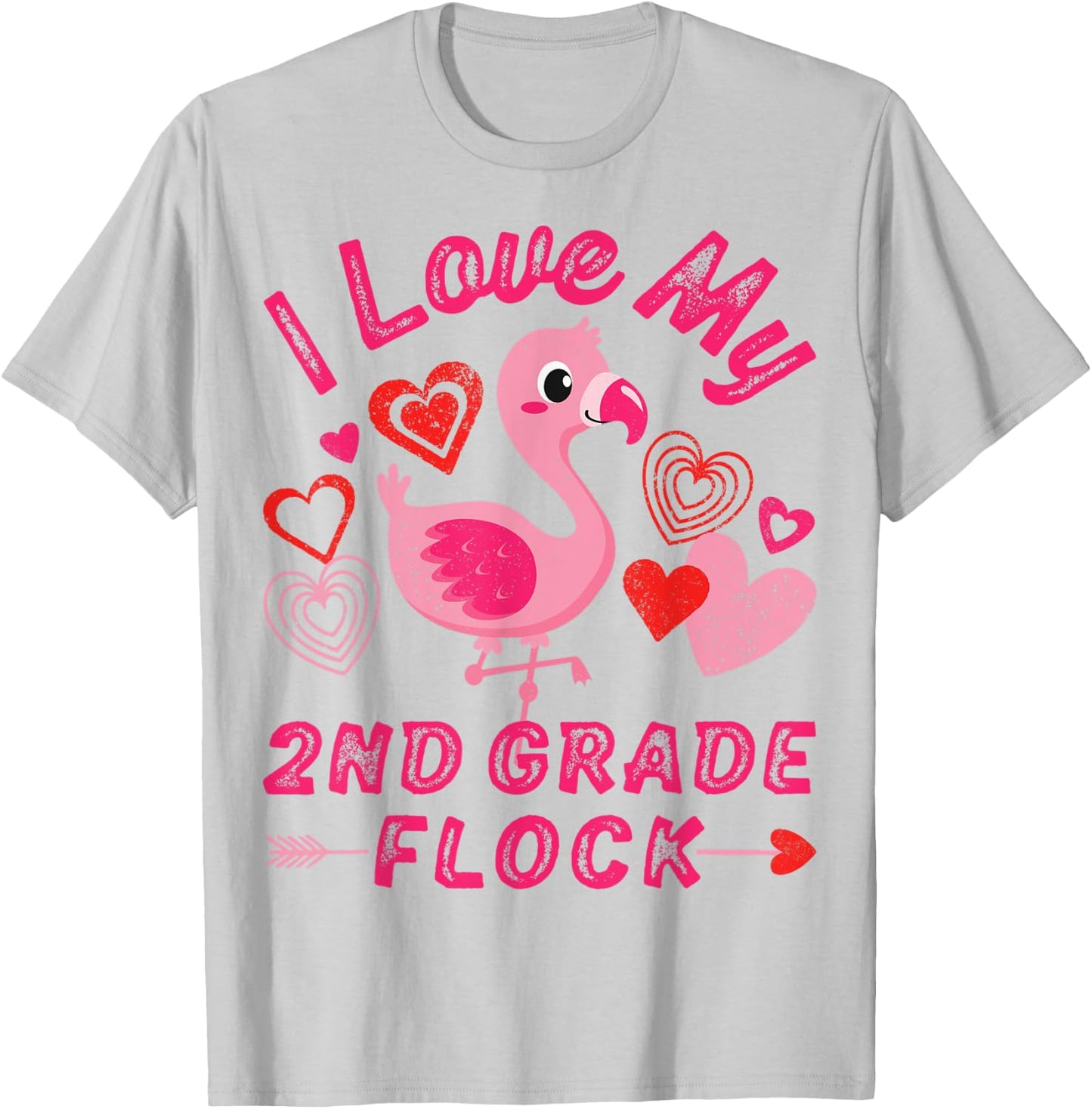 Love My 2nd Grade Flock Flamingo Second Grade Heart Teacher Men Women T-Shirt - T-Shirt | Ash