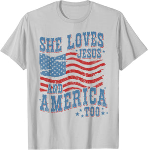 She Loves Jesus and America Too Christian 4th of July Women T-Shirt - T-Shirt | Ash