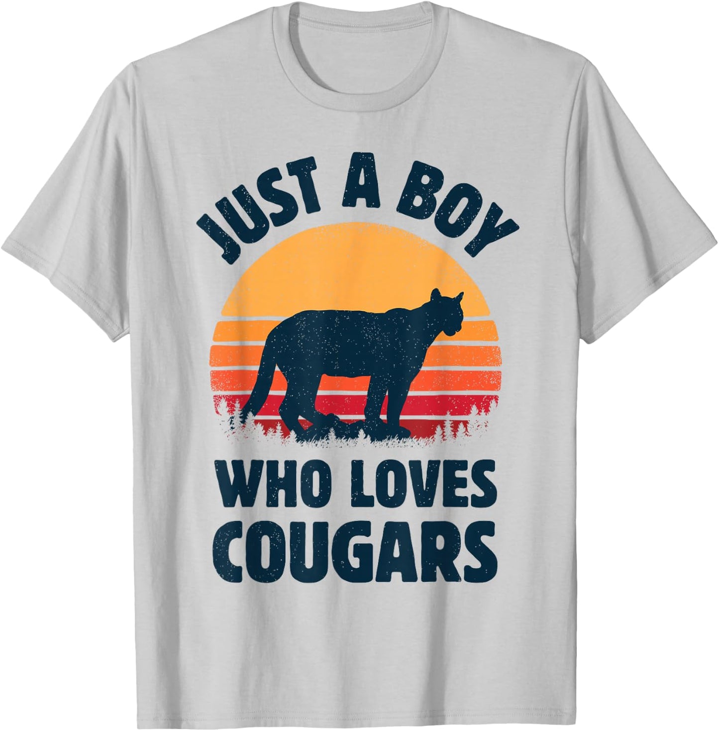 Cougar Just A Boy Who Loves Cougars Men Retro Vintage Sunset T-Shirt - T-Shirt | Ash