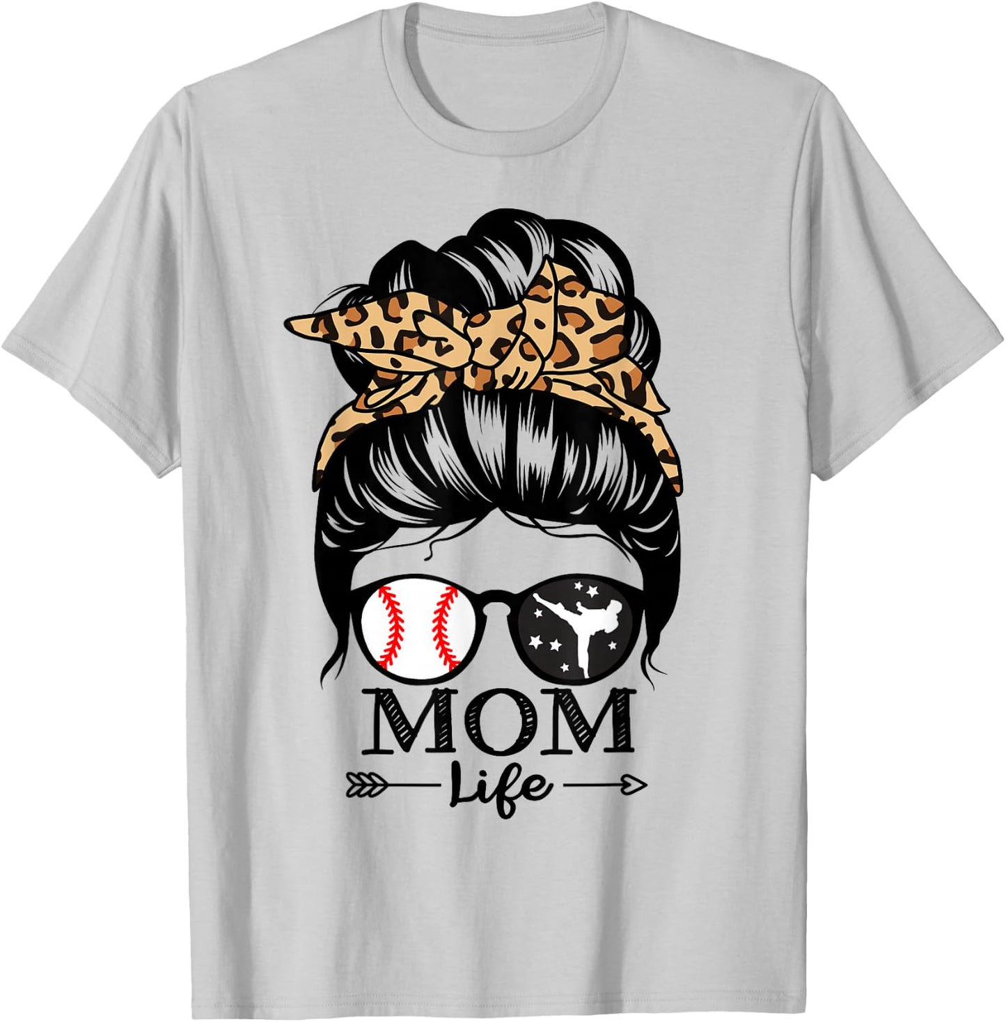 Mom Life Messy Bun Hair Funny Baseball Karate Mom T-Shirt - T-Shirt | Ash