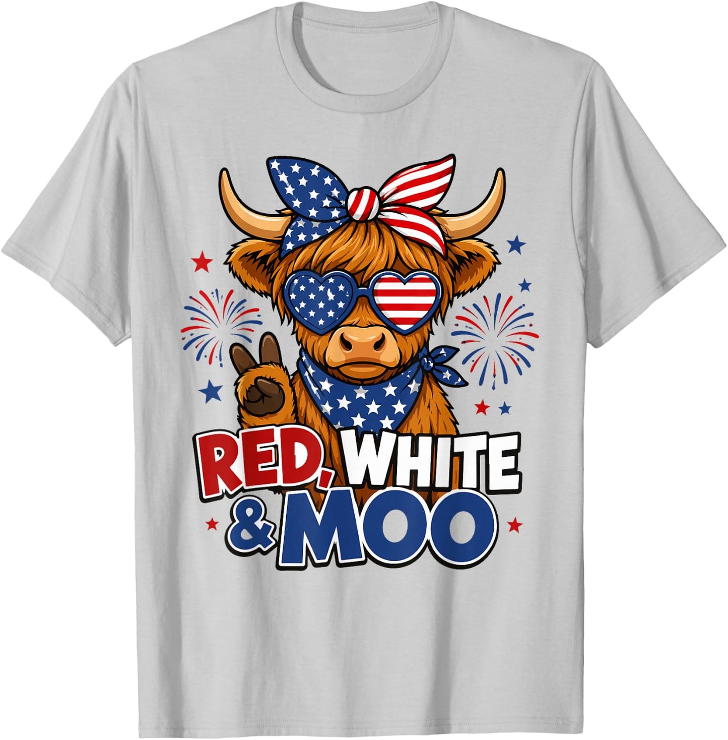 Red White & Moo Highland Cow 4th of July American Flag Women T-Shirt - T-Shirt | Ash
