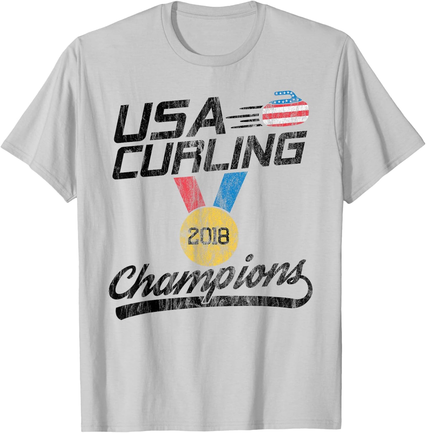 USA Red White and Blue Curling T Shirt 2018 Champion T-Shirt - T-Shirt | Ash