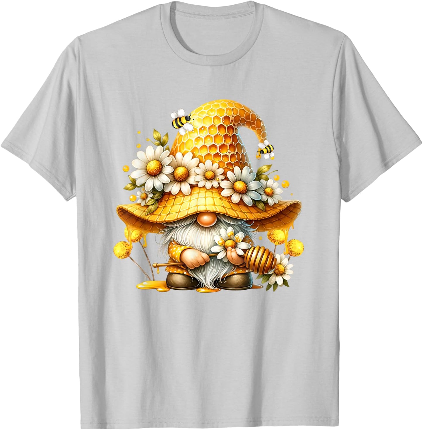 Unique Hippie Gnome Graphic With Daisy Flower And Honey Bees T-Shirt - T-Shirt | Ash