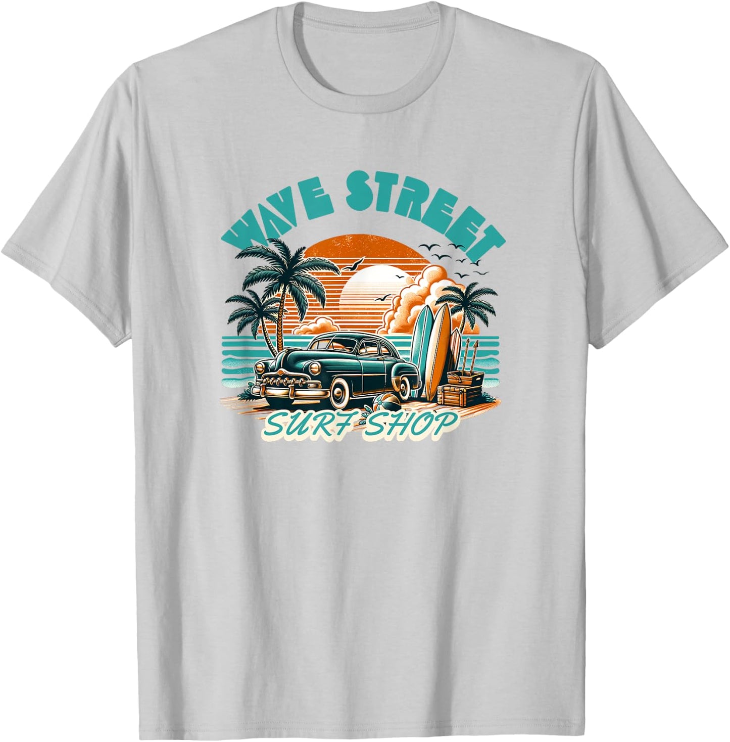 Wave Street Retro Vacation Beach Surfing Vintage Sunset Men Women Girls Kids T-Shirt - T-Shirt | Ash