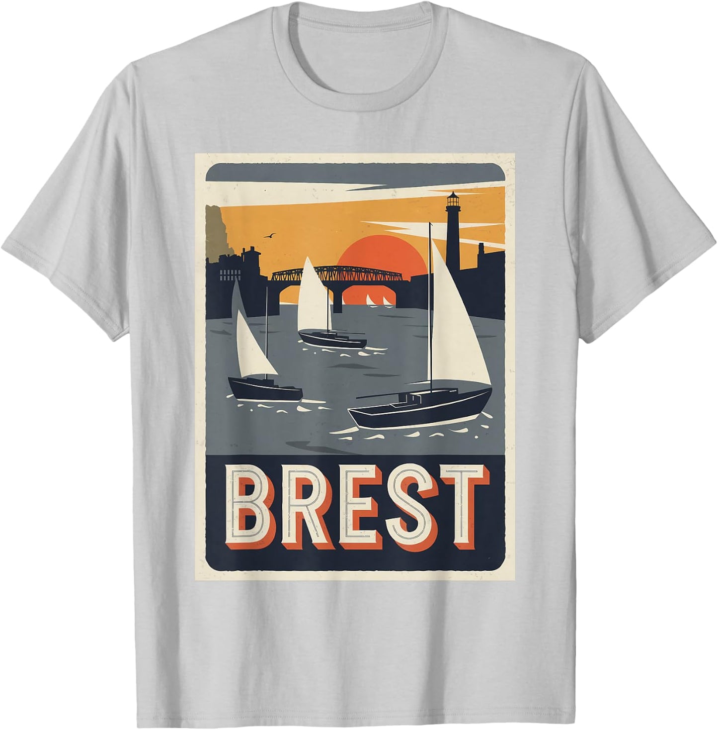 Vintage Poster Brest Sunset Sailing T-Shirt - T-Shirt | Ash