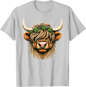 St Patricks Day Highland Cow Saint Paddys Men Women Kids T-Shirt - T-Shirt | Ash