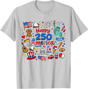 Happy 250 America Doodle 1776–2026 4th of July Teacher Kids T-Shirt - T-Shirt | Ash