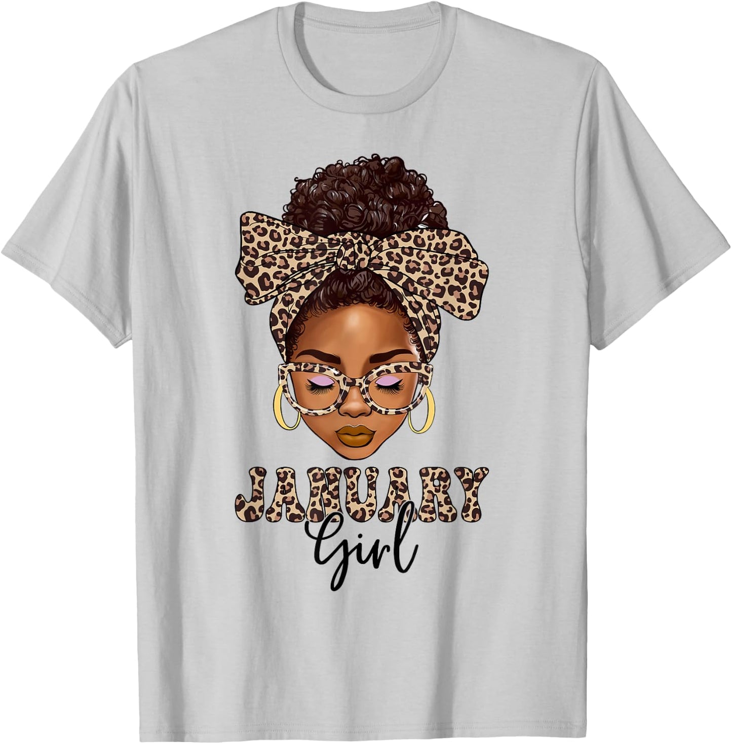 January Girls Messy Bun Leopard Black Women Birthday T-Shirt - T-Shirt | Ash