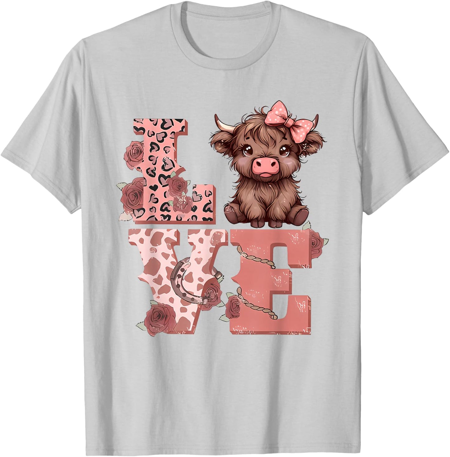 Valentine Highland Cow Love Animal Cute Cow Heart Bandana T-Shirt - T-Shirt | Ash