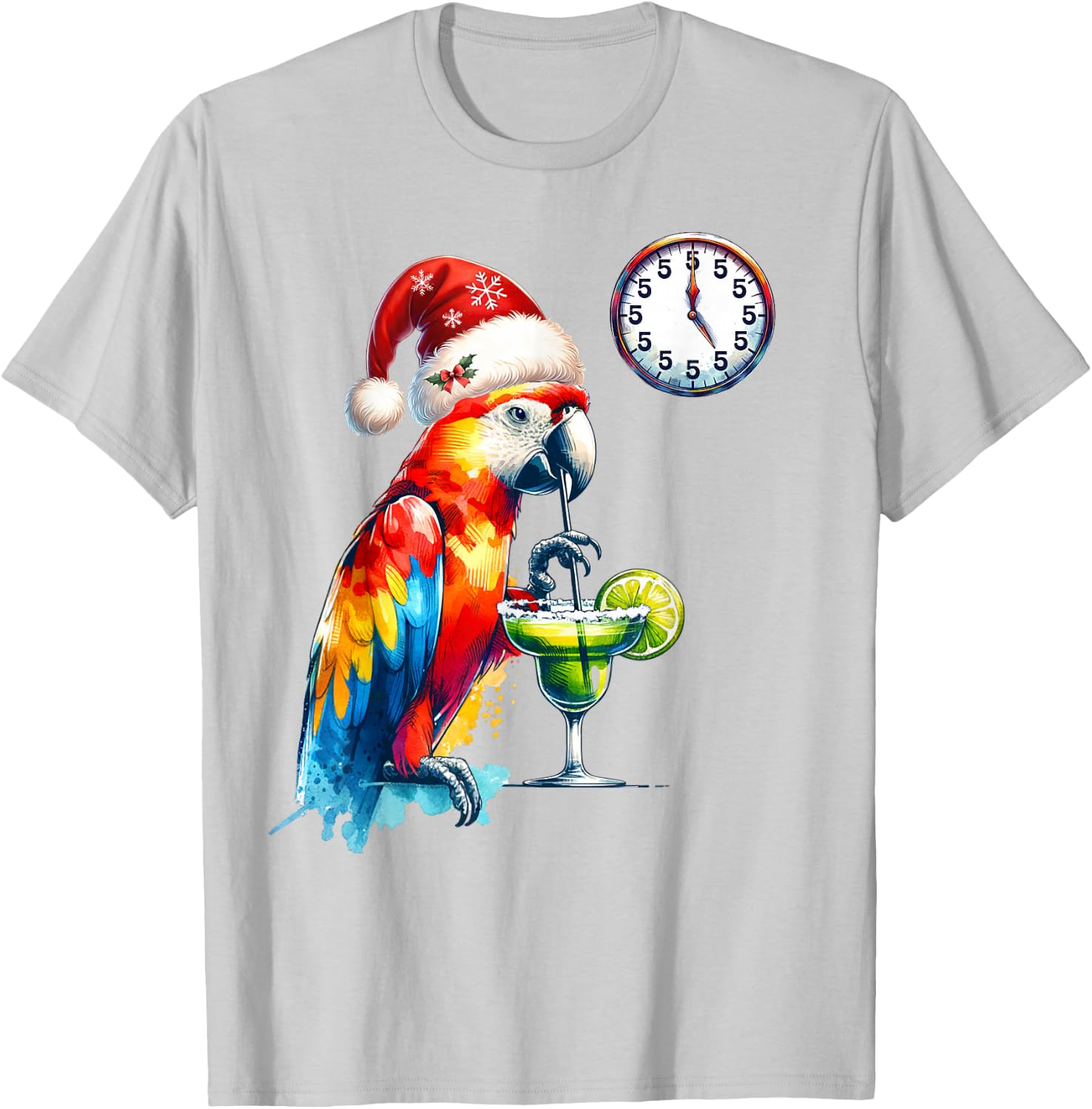 Always 5 Oclock Parrot Drinking Margarita Christmas T-Shirt - T-Shirt | Ash