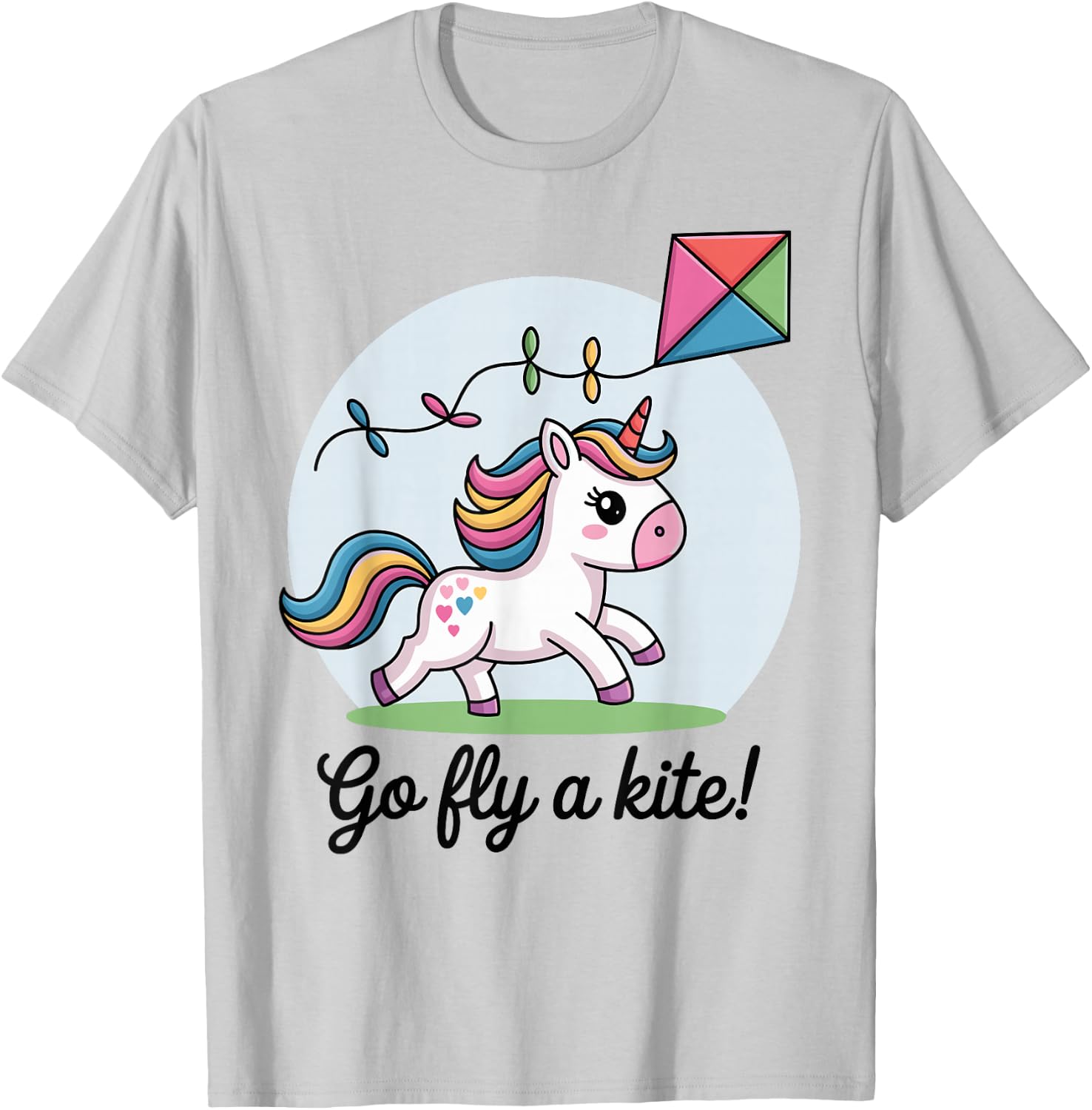 Go fly a kite! Cute Happy Unicorn Flying Kite T-Shirt - T-Shirt | Ash