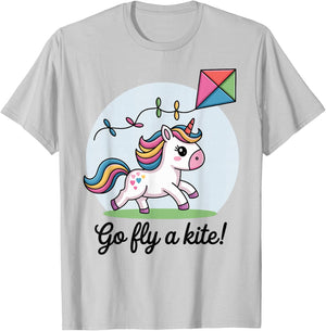 Go fly a kite! Cute Happy Unicorn Flying Kite T-Shirt - T-Shirt | Ash