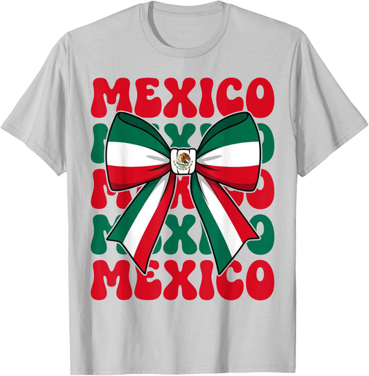 Mexico Coquette Bow Mexico Flag Cute Retro Mexican Girl T-Shirt - T-Shirt | Ash