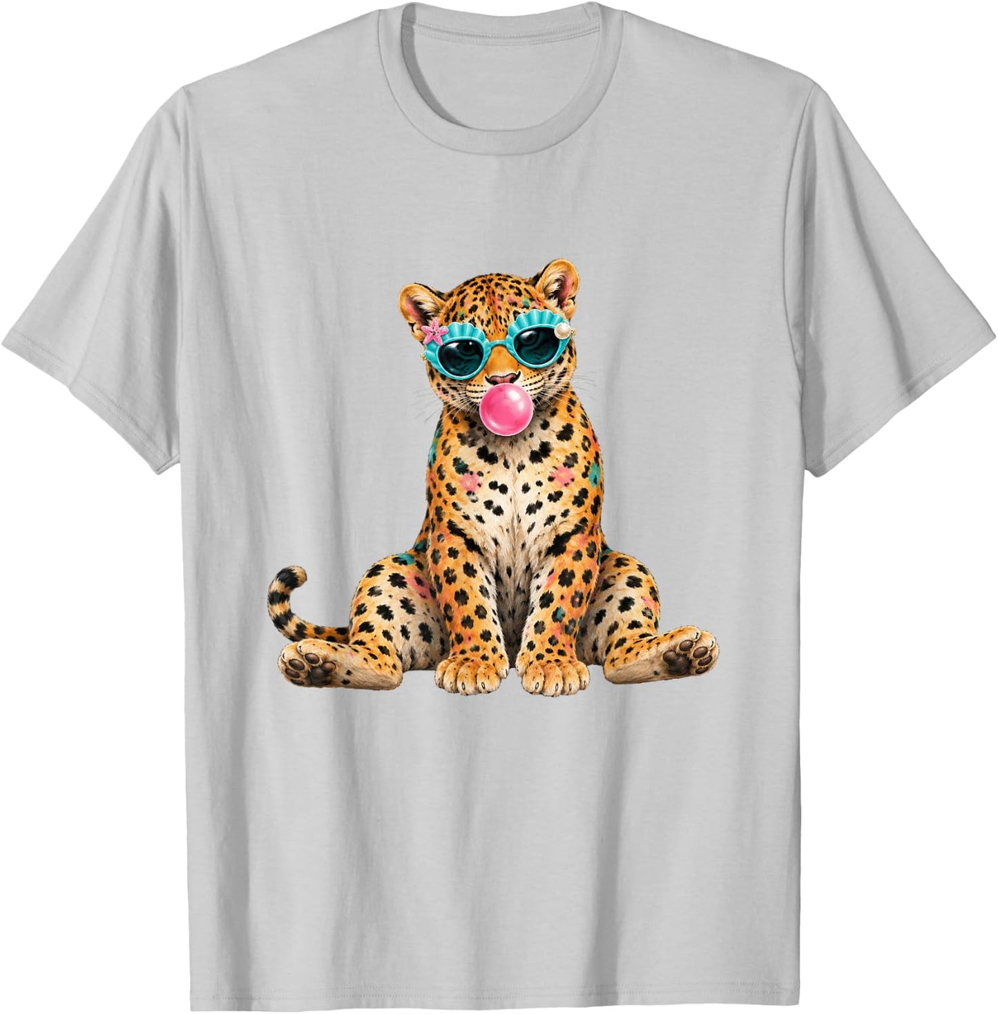 Summer Vibes Beach Vacation Leopard Blowing Bubble Gum T-Shirt - T-Shirt | Ash