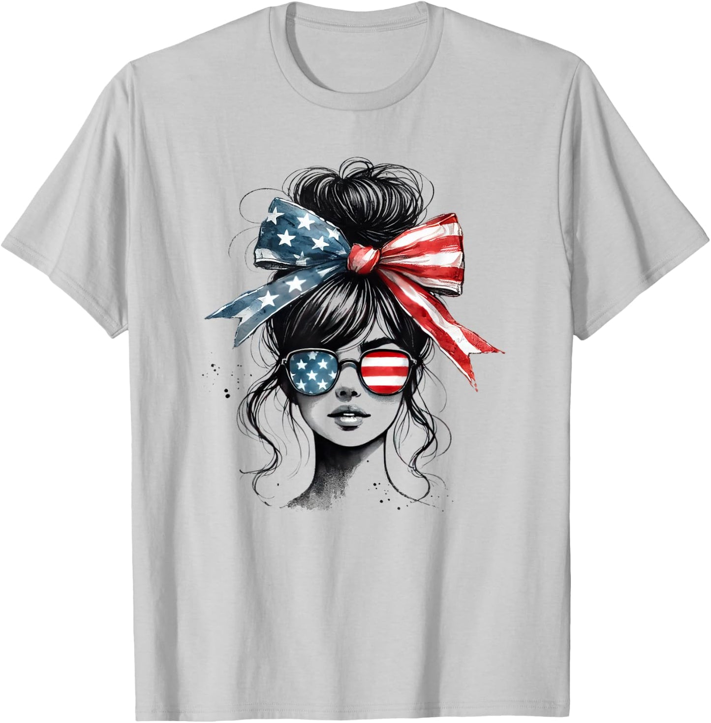Messy Bun Girl Wearing Sunglasses American Flag T-Shirt - T-Shirt | Ash