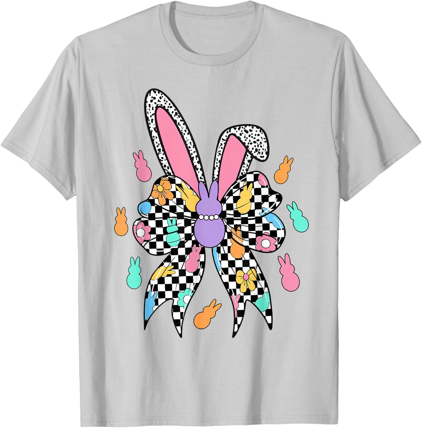 Happy Easter Bunny Checkered Coquette Bow Ears Women Girl T-Shirt - T-Shirt | Ash