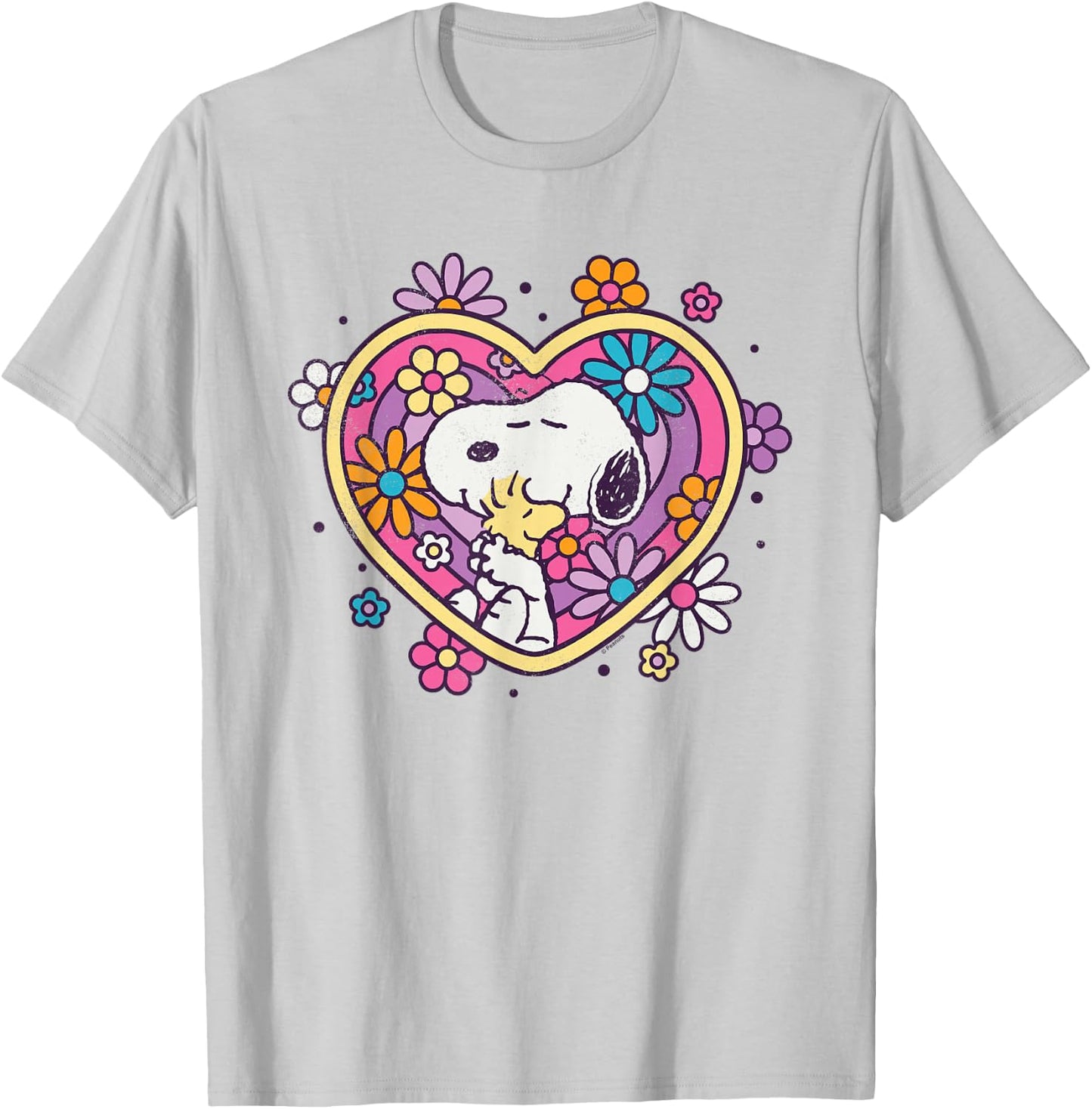 Peanuts Hug Heart Flowers , White T-Shirt - T-Shirt | Ash