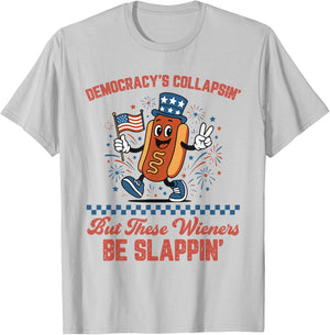 Democracy's Collapsing Funny Hot Dog 4th July 250 Years T-Shirt - T-Shirt | Ash