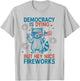Democracy is Dying Fireworks Funny 4th of July Raccoon USA T-Shirt - T-Shirt | Ash