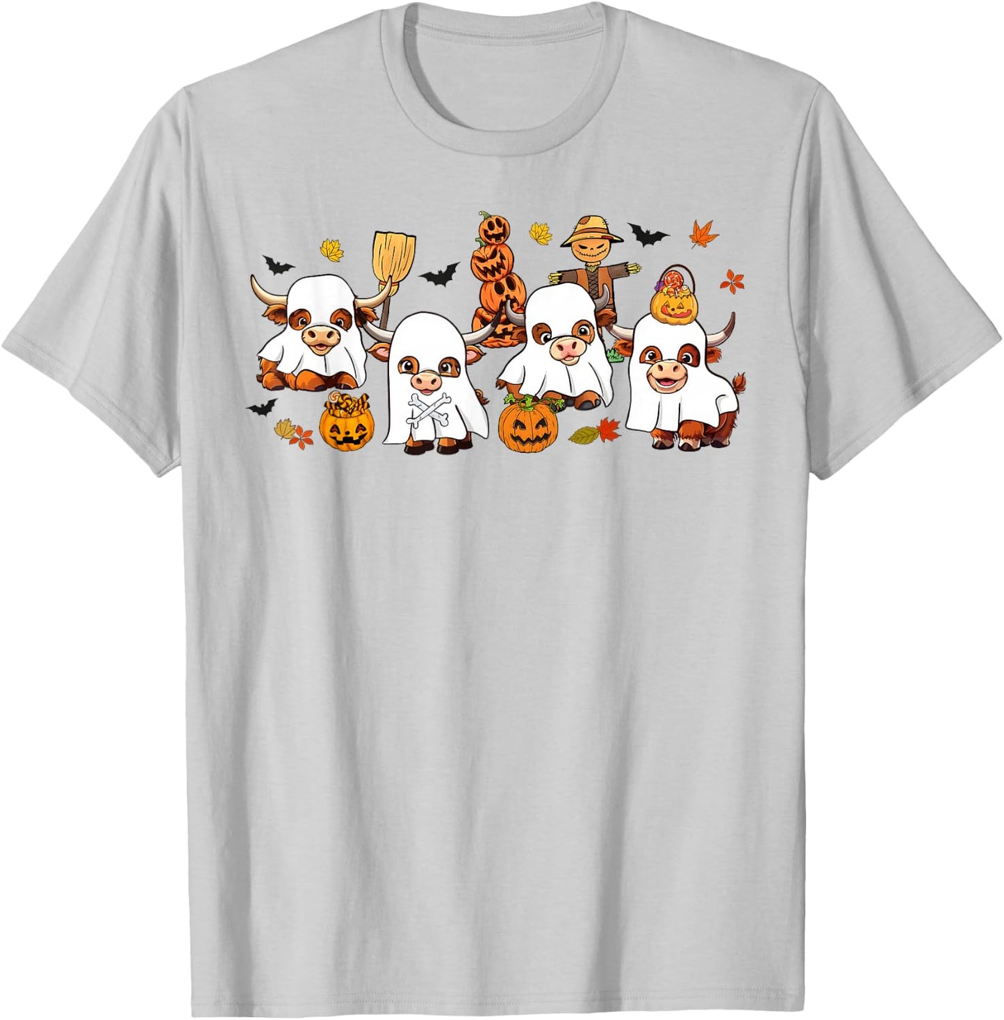 Cute Highland Cows Lovers Cow Ghost Spooky Western Halloween T-Shirt - T-Shirt | Ash