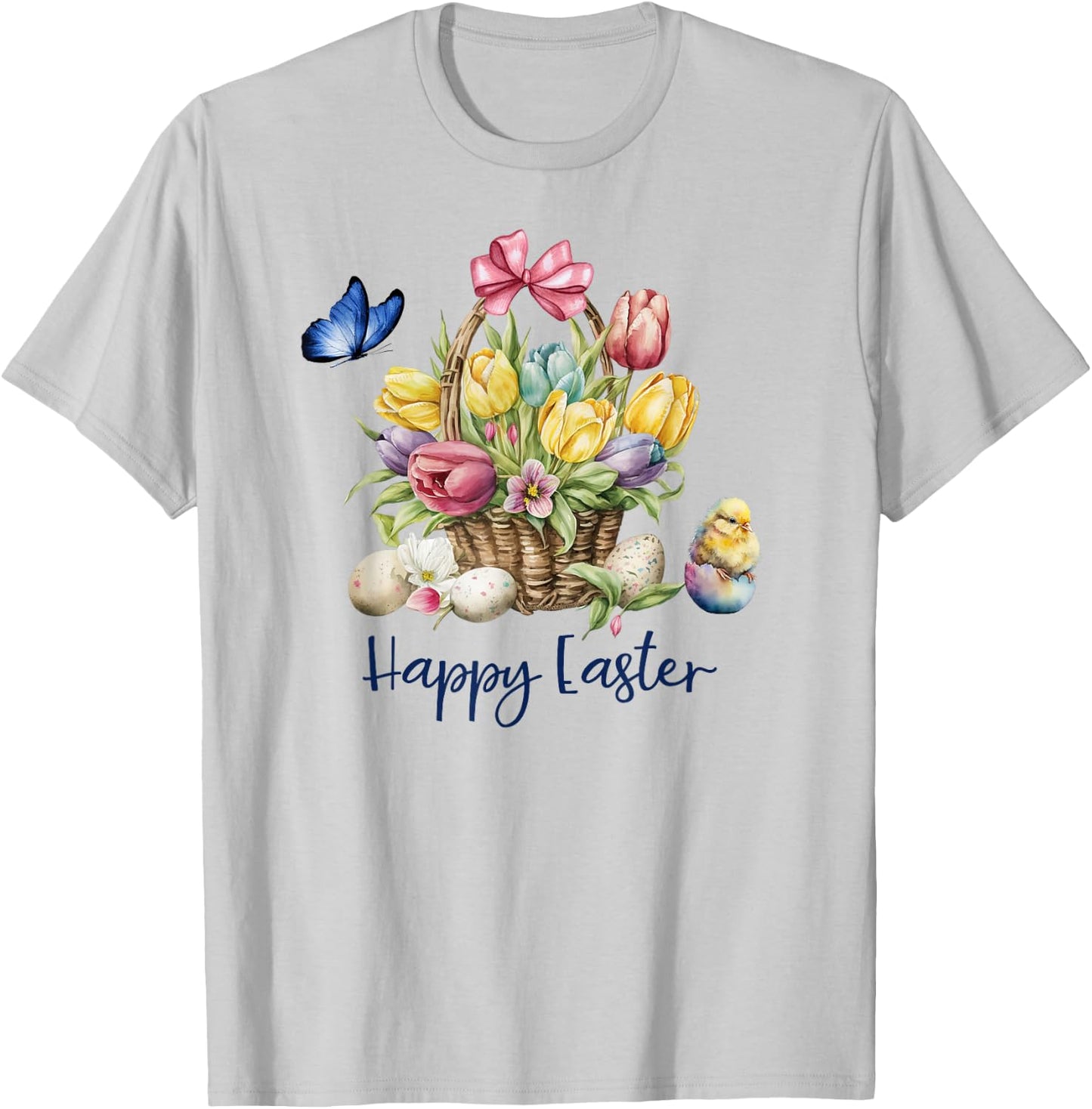 Happy Easter Flower Basket with Baby Chick Butterfly Easter T-Shirt - T-Shirt | Ash