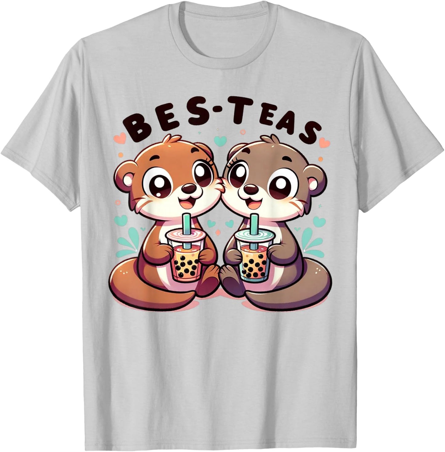 Kawaii River Otter Friends Enjoying Boba Tea Bes-Teas Bestie T-Shirt - T-Shirt | Ash