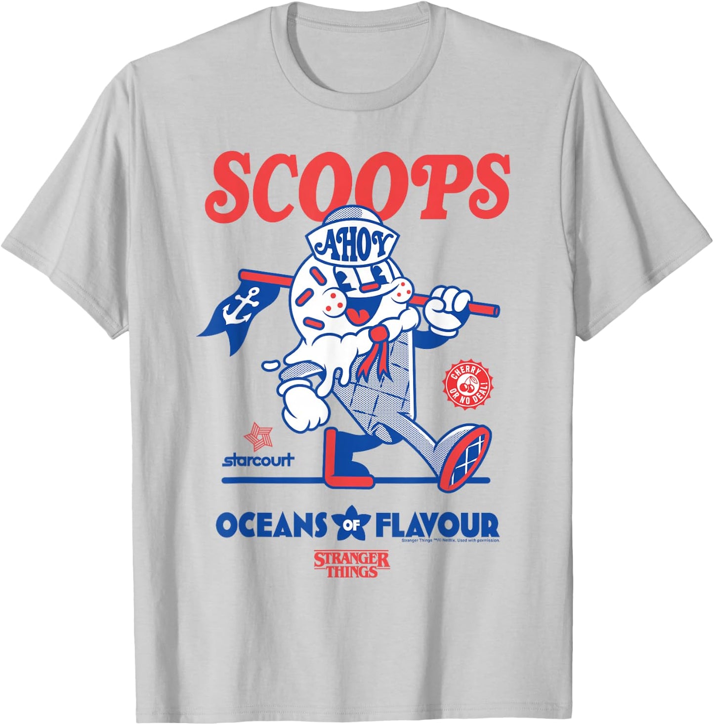 Stranger Things Scoops Ahoy Ice Cream Shop in Red/Blue , White T-Shirt - T-Shirt | Ash