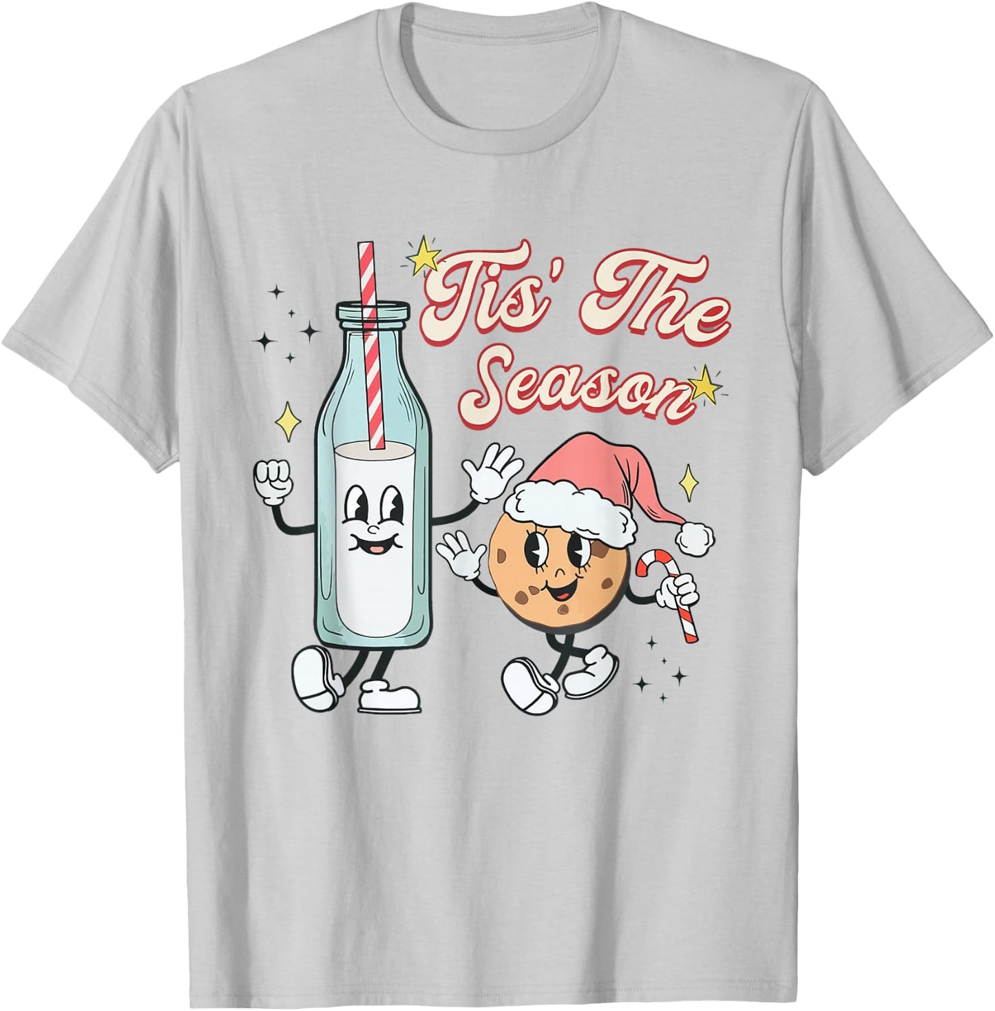 Tis The Season Retro Milk and Cookie Christmas T-Shirt - T-Shirt | Ash