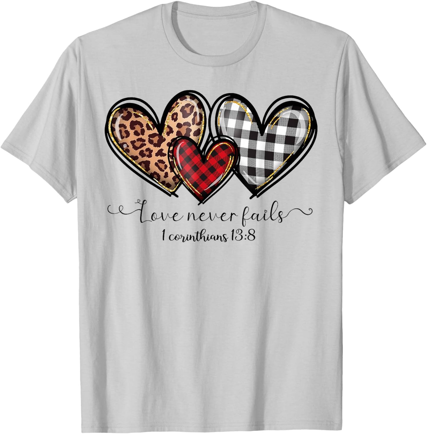 Love Never Fails Buffalo Leopard Red Plaid Print Heart Women T-Shirt - T-Shirt | Ash