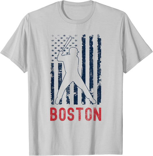 Boston Massachusetts American Flag Baseball Weathered T-Shirt - T-Shirt | Ash