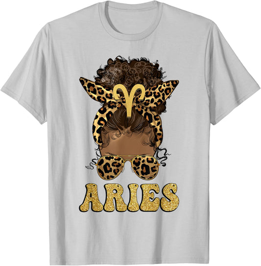 Aries Girl Afro Messy Bun African American Women T-Shirt - T-Shirt | Ash