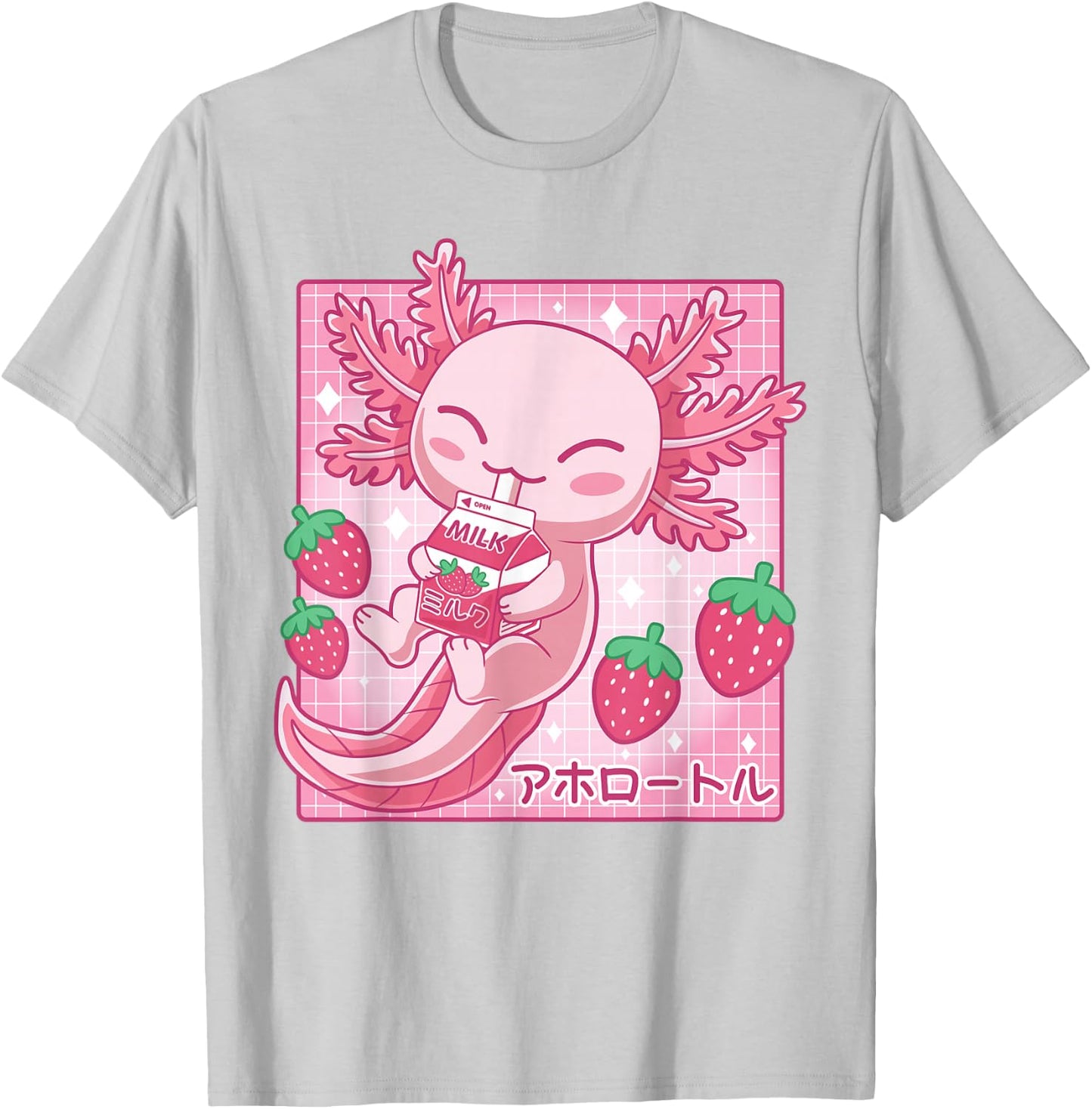 Kawaii Axolotl Strawberry Milk Shake Japanese Anime Pink T-Shirt - T-Shirt | Ash