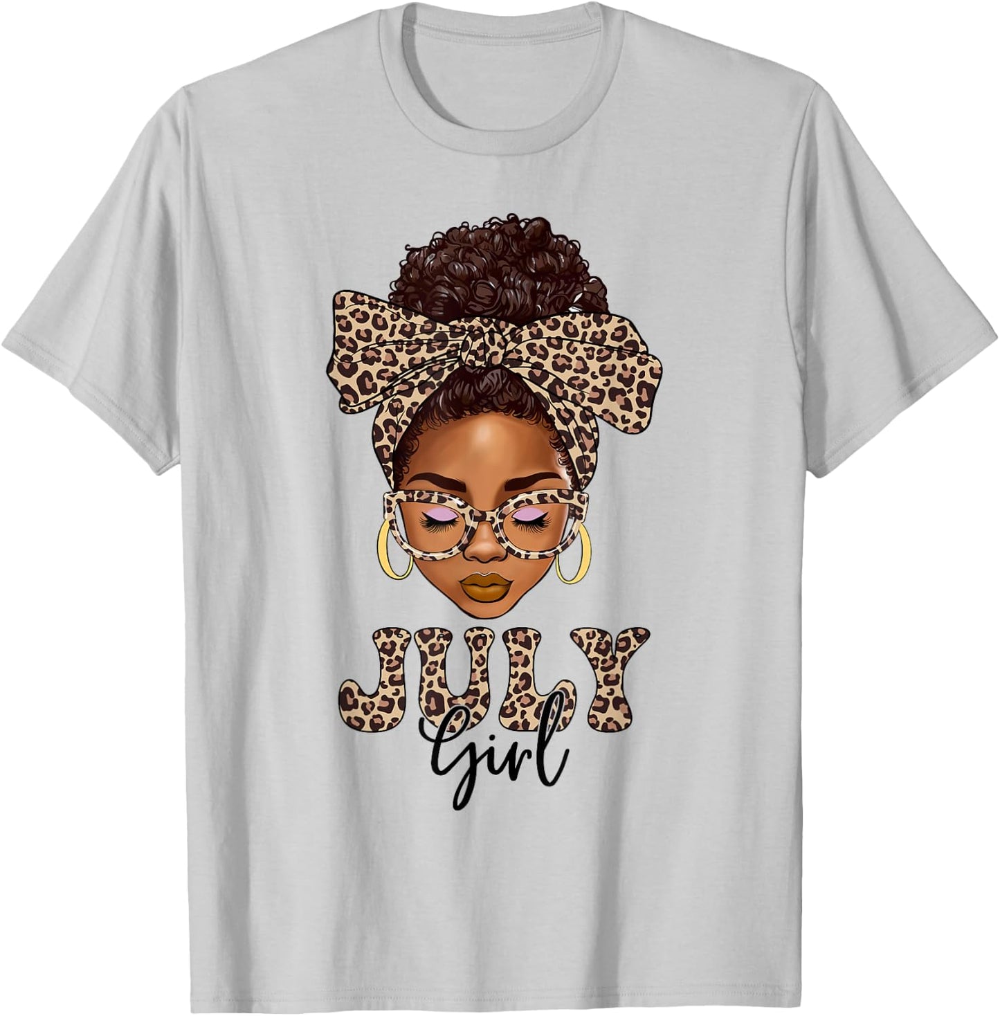 July Girls Messy Bun Leopard Black Women Birthday T-Shirt - T-Shirt | Ash