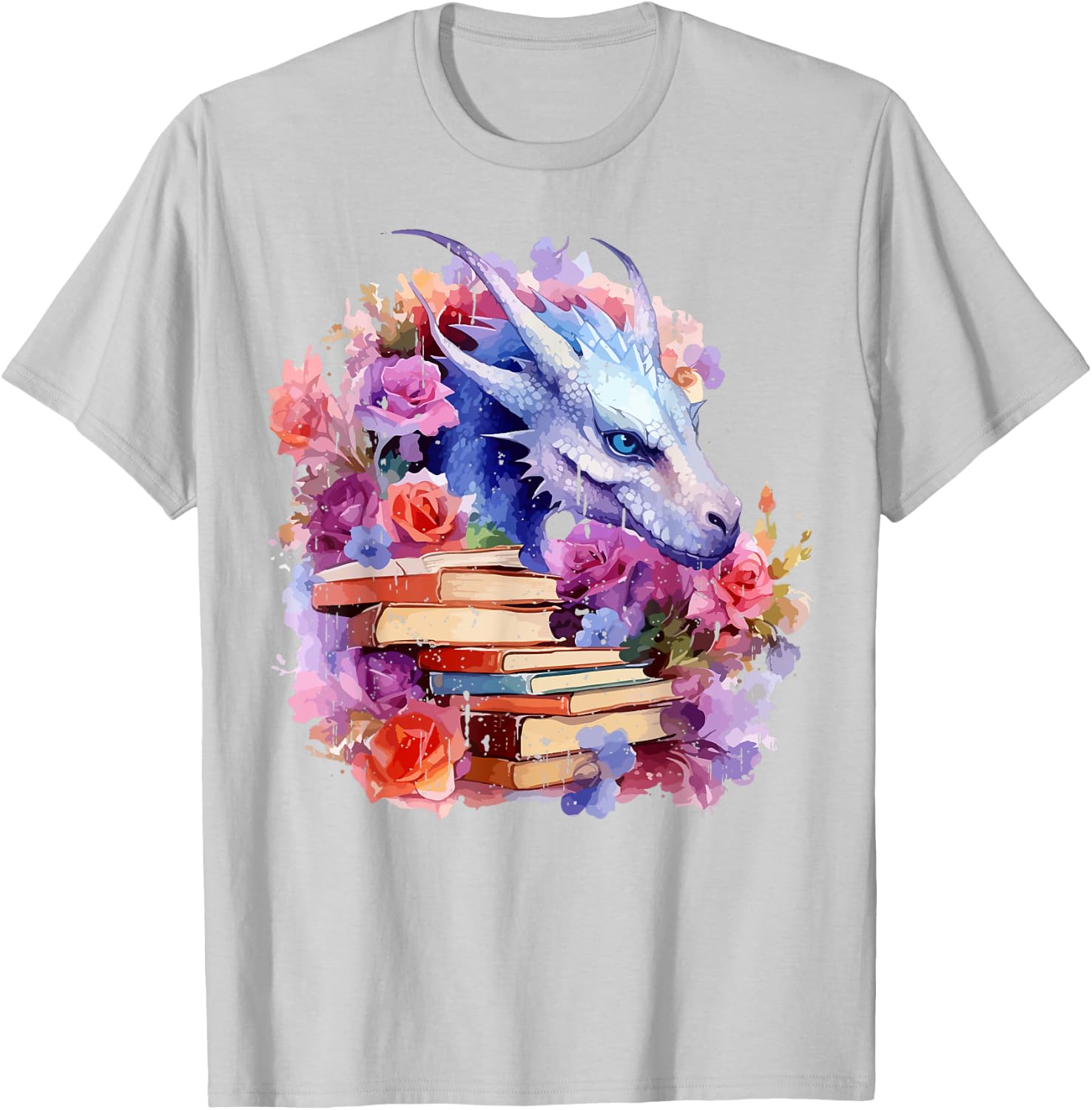 Dragons and Books Watercolor Flowers Fantasy Dragon Lover T-Shirt - T-Shirt | Ash