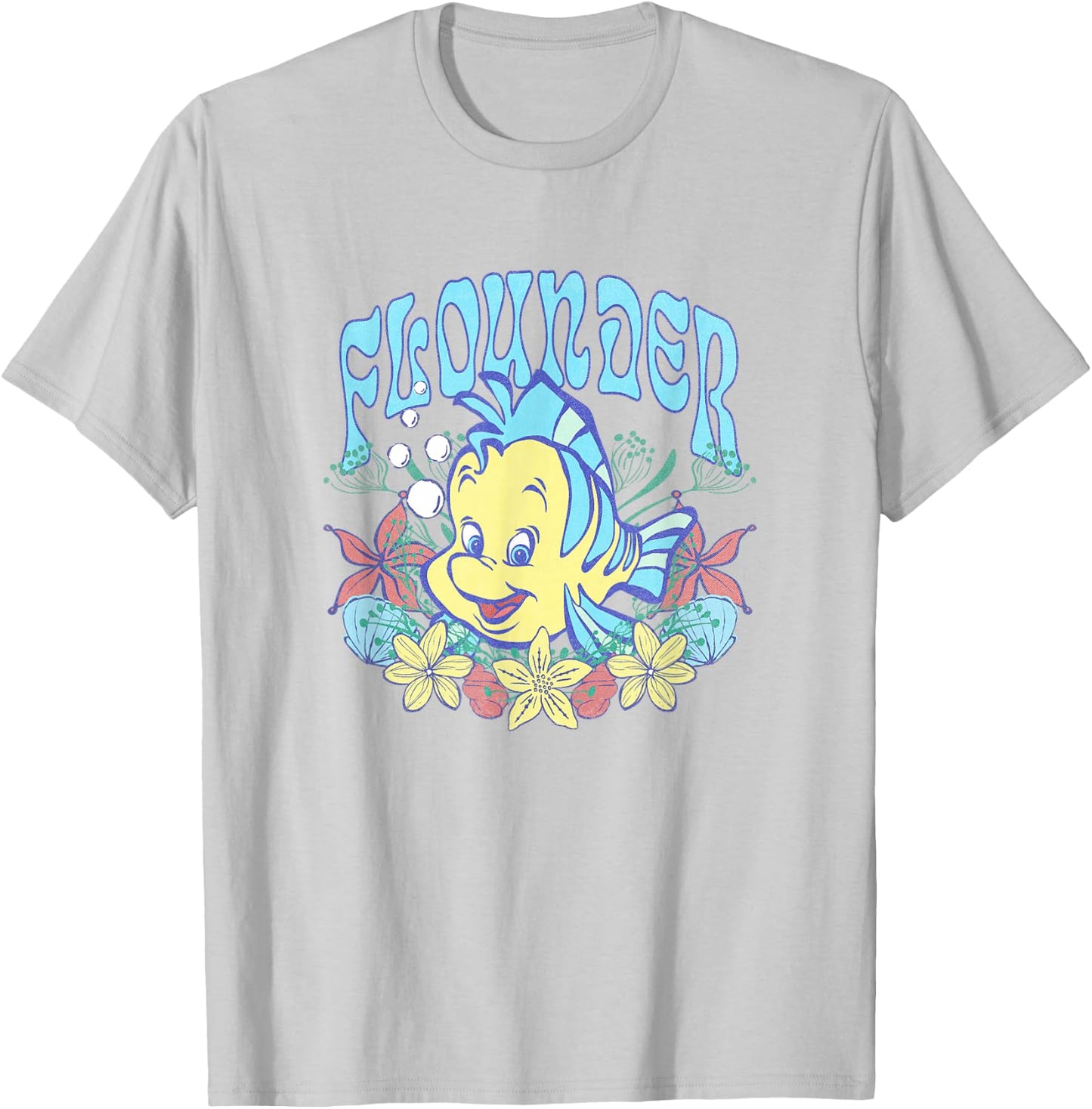 Disney The Little Mermaid Cute Flounder Floral Chest Poster T-Shirt - T-Shirt | Ash