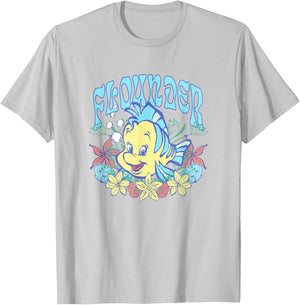 Disney The Little Mermaid Cute Flounder Floral Chest Poster T-Shirt - T-Shirt | Ash