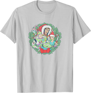 Disney Pixar Christmas Toy Story Group Shot Wreath T-Shirt - T-Shirt | Ash