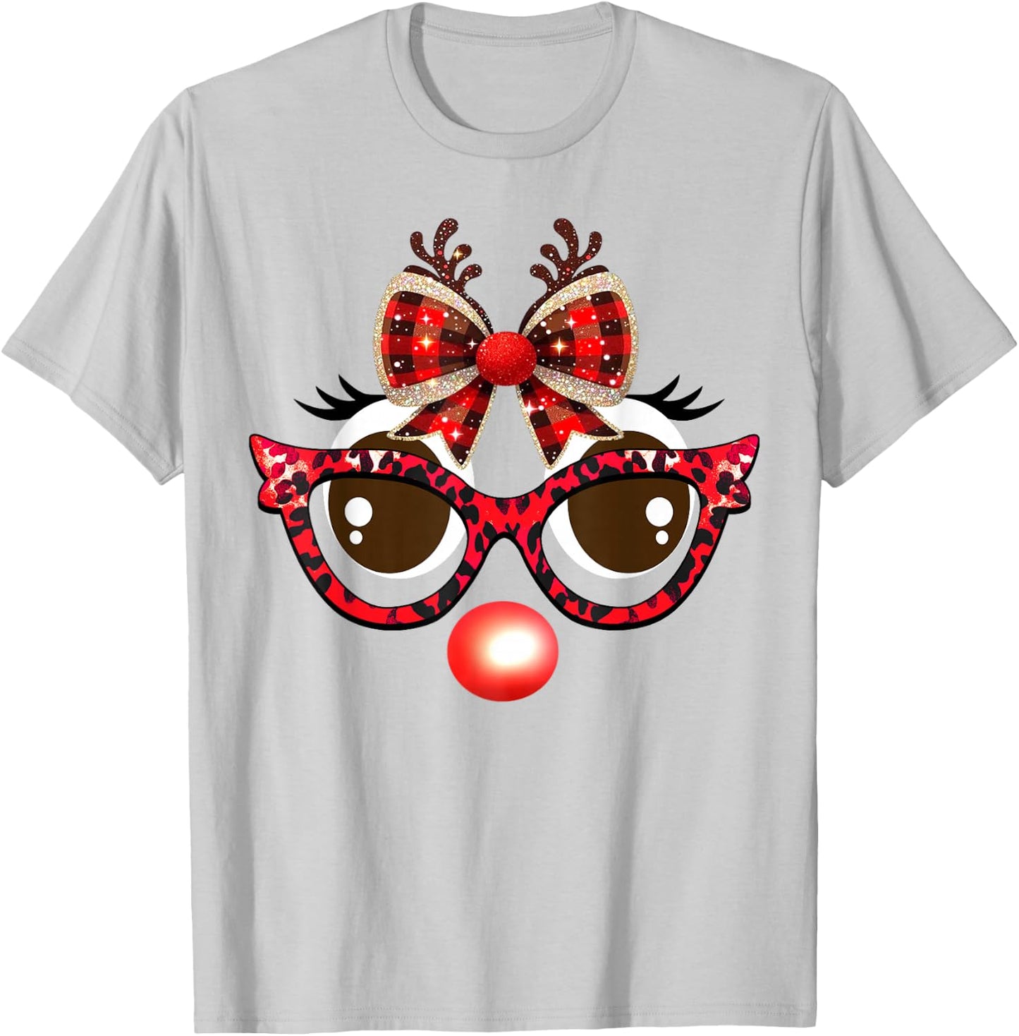 Funny Reindeer Face Leopard Sunglasses Plaid Christmas Light T-Shirt - T-Shirt | Ash