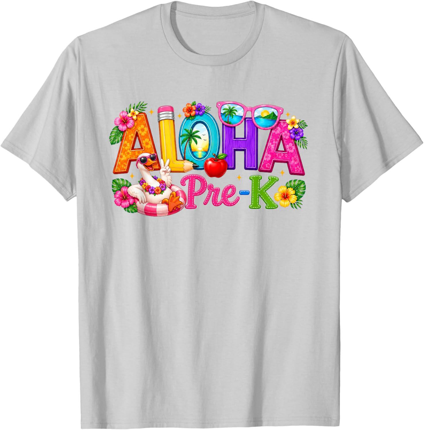 Aloha Pre-K Tropical Floral Beach Silly Goose Back to School T-Shirt - T-Shirt | Ash
