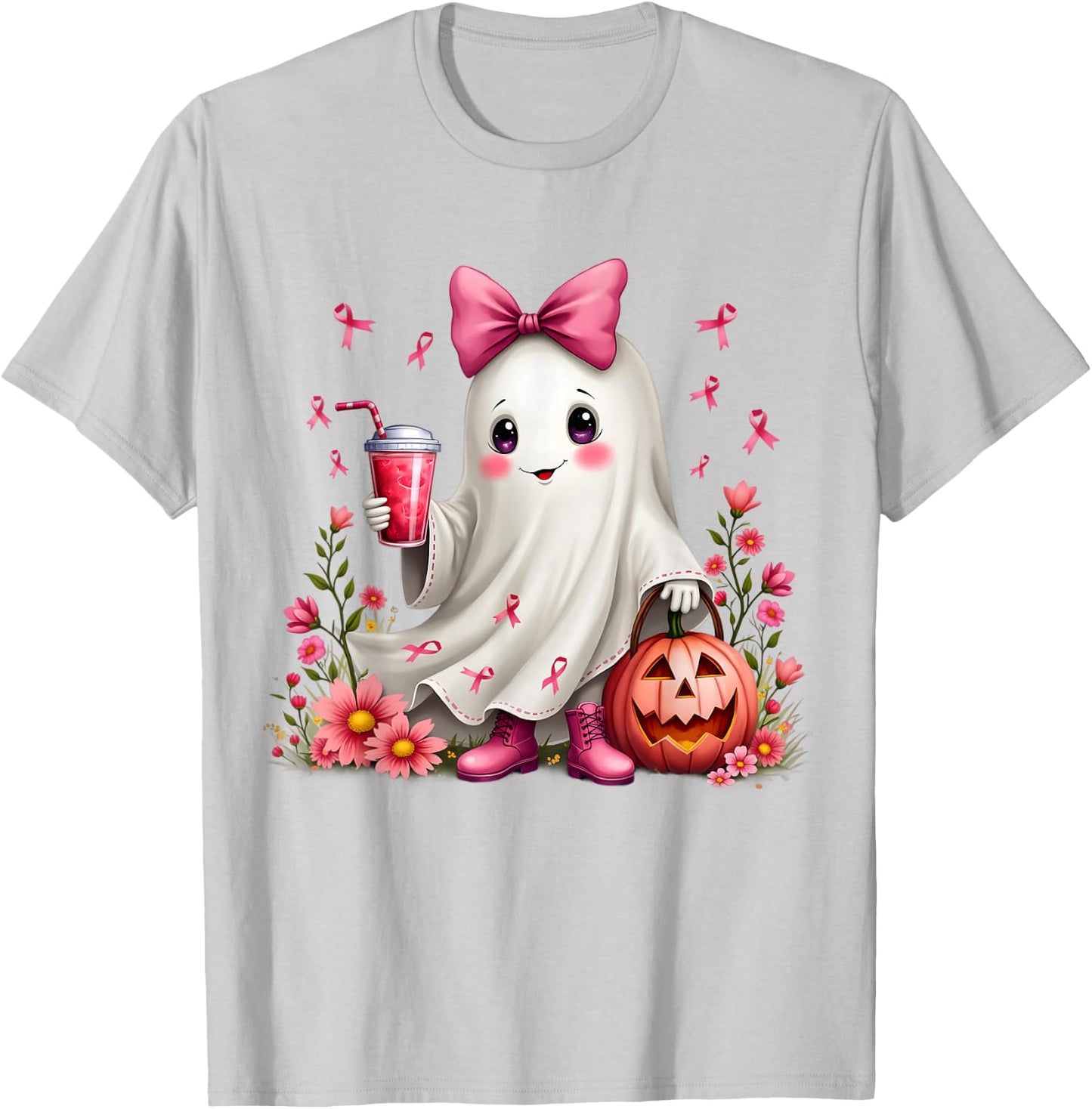 In October We Wear Pink Ghost Breast Cancer Awareness T-Shirt - T-Shirt | Ash