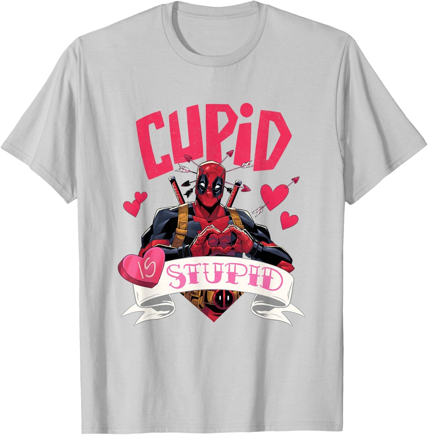 Marvel Deadpool Valentine's Day Cupid Is Stupid Chest Logo T-Shirt - T-Shirt | Ash