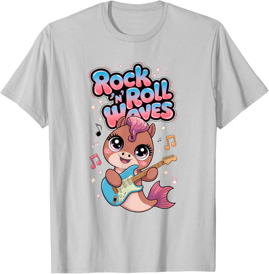 Kawaii Rock 'n Roll Waves Musical Sea Horse Design T-Shirt - T-Shirt | Ash