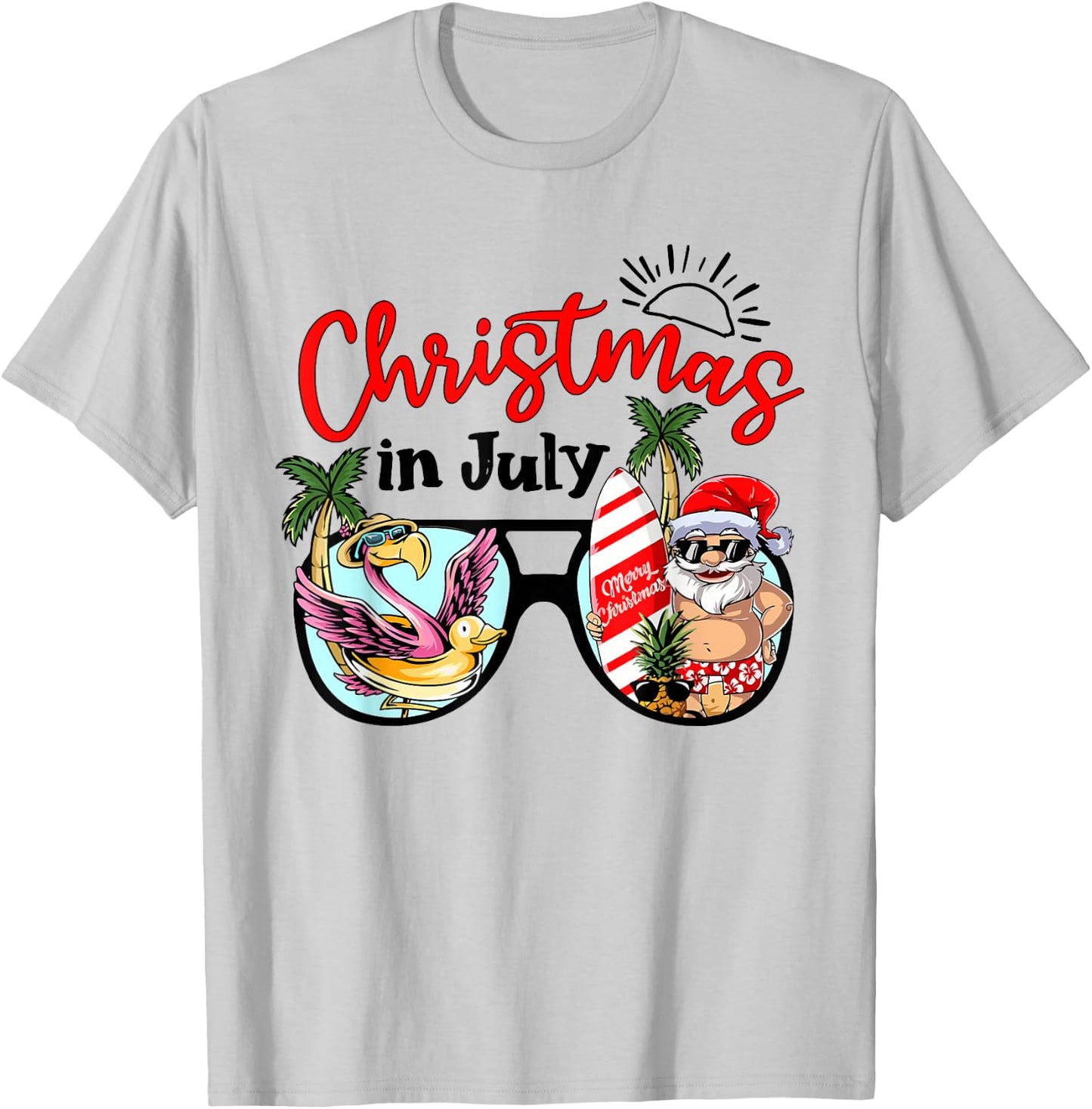 Christmas In July Sunglasses Santa Flamingo Summer Vacation T-Shirt - T-Shirt | Ash
