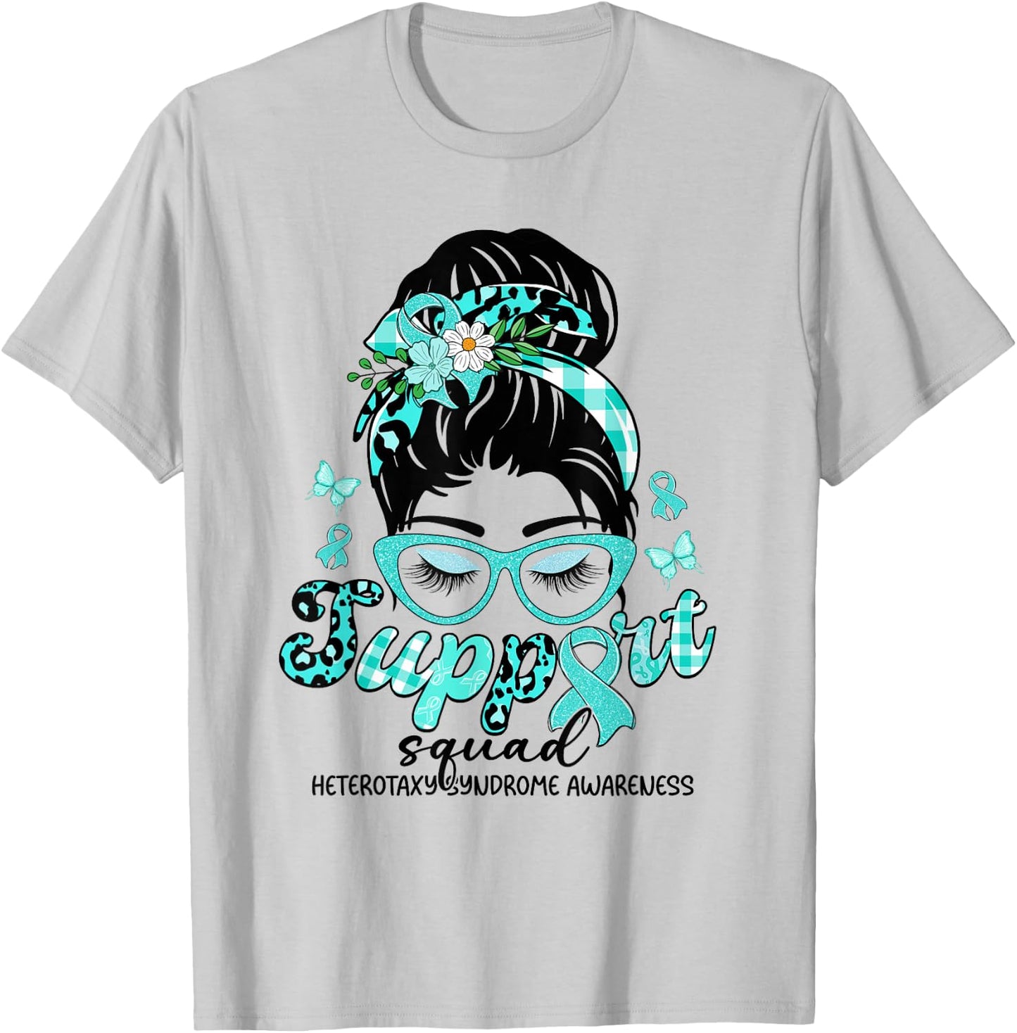 Support Squad Messy Bun Leopard Heterotaxy Syndrome T-Shirt - T-Shirt | Ash