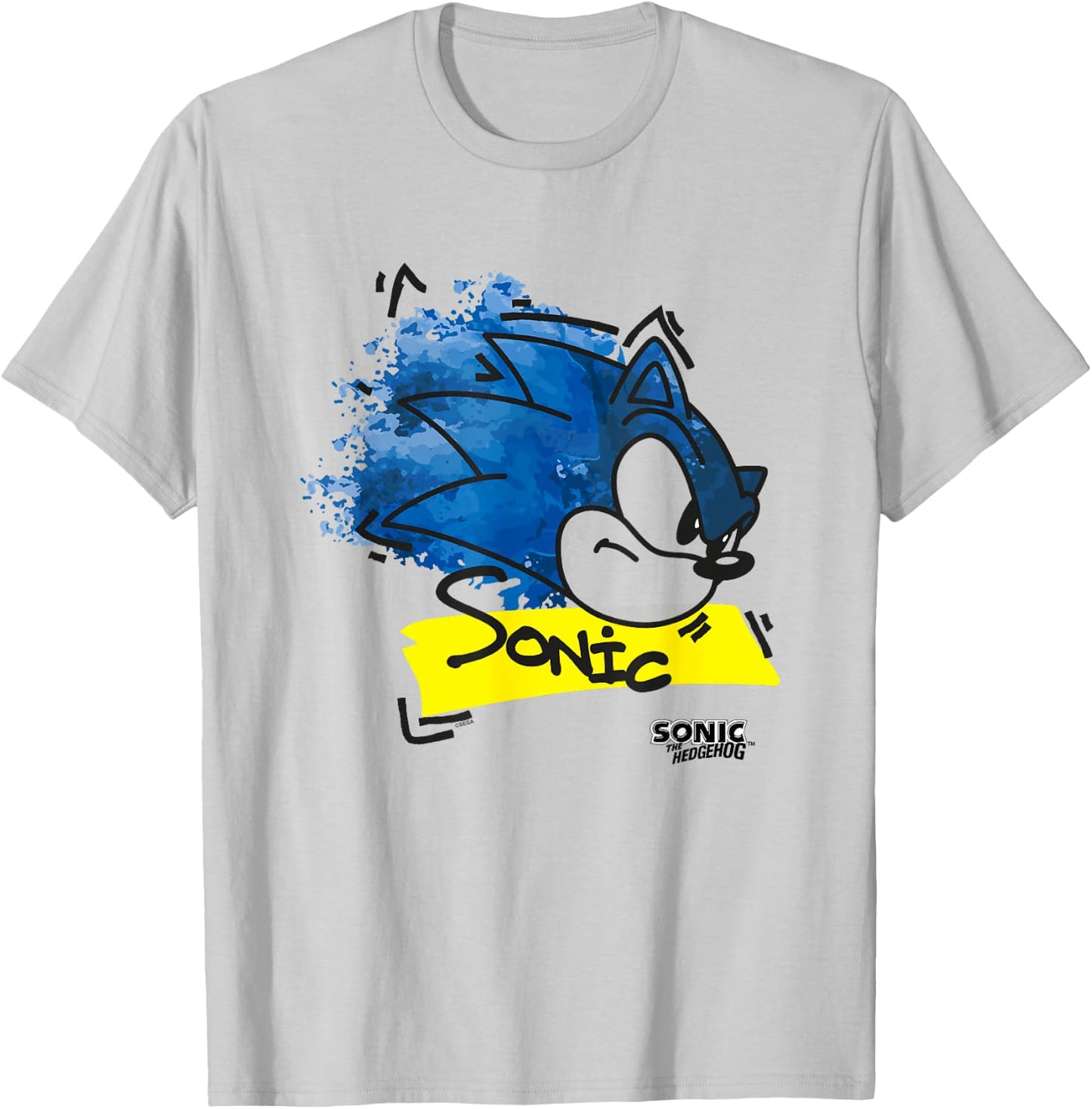 Sonic The Hedgehog Distressed Watercolor Face Outline T-Shirt - T-Shirt | Ash