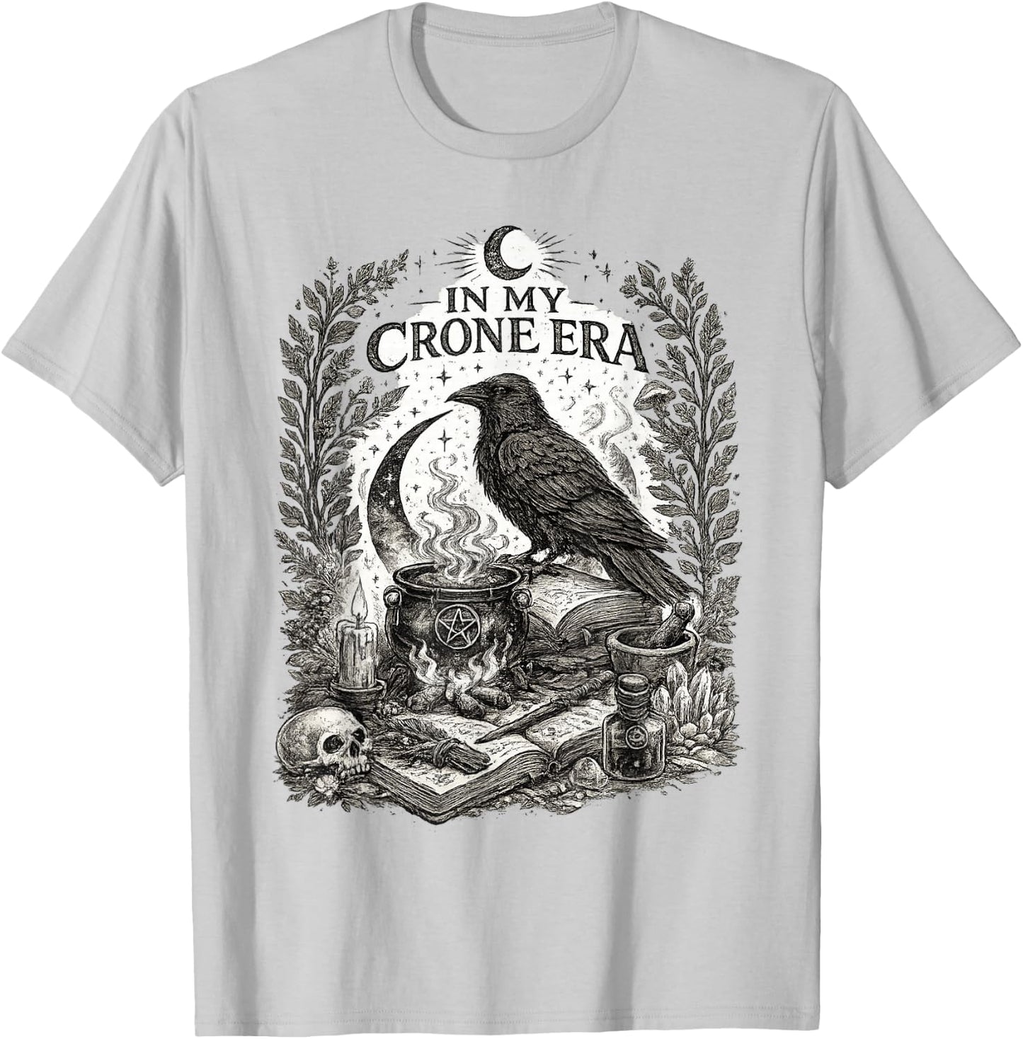 in My Crone Era Witchy Raven Cauldron Goth Witch T-Shirt - T-Shirt | Ash