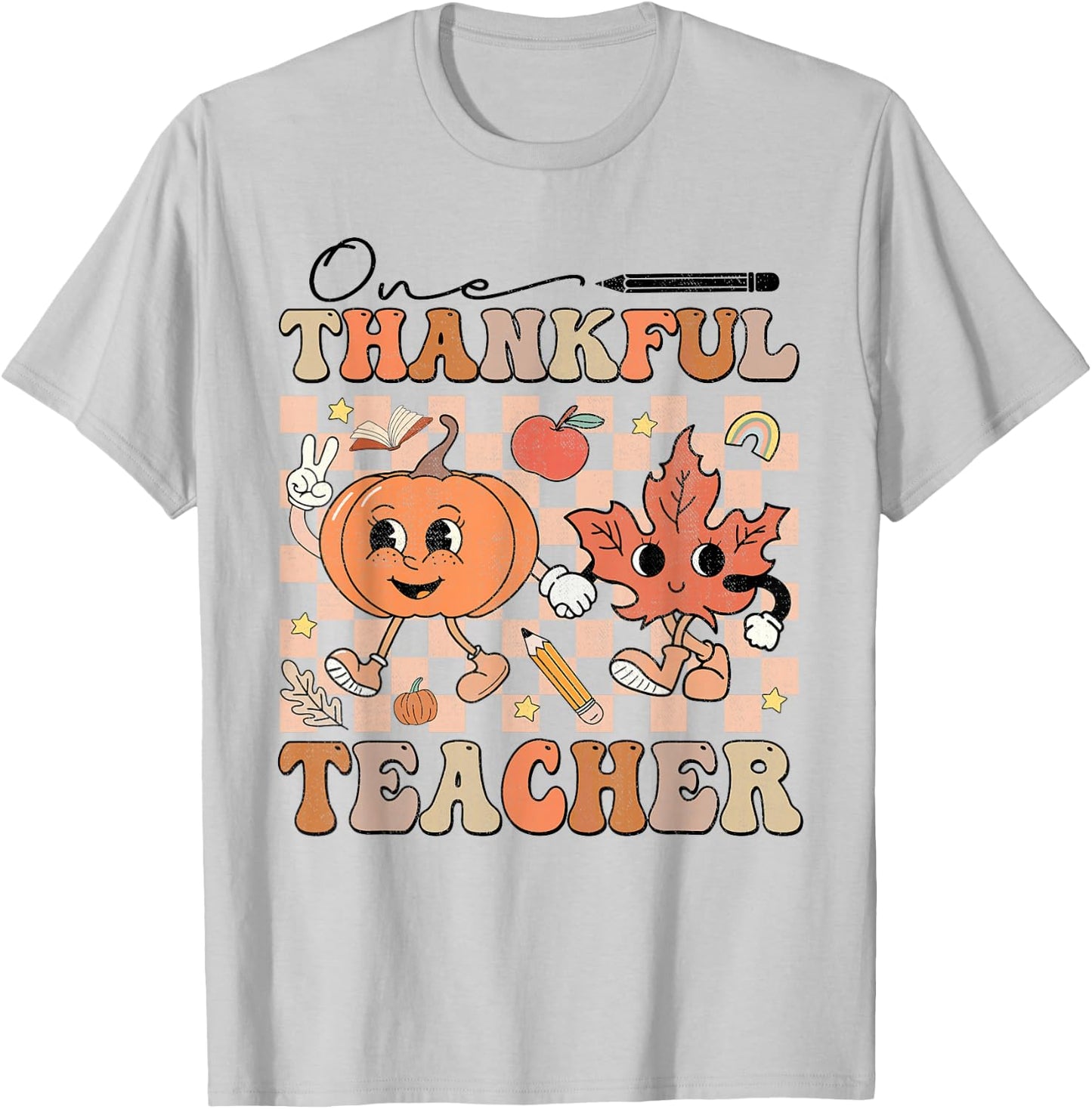 One Thankful Teacher Thanksgiving Groovy Fall Autumn Teacher T-Shirt - T-Shirt | Ash