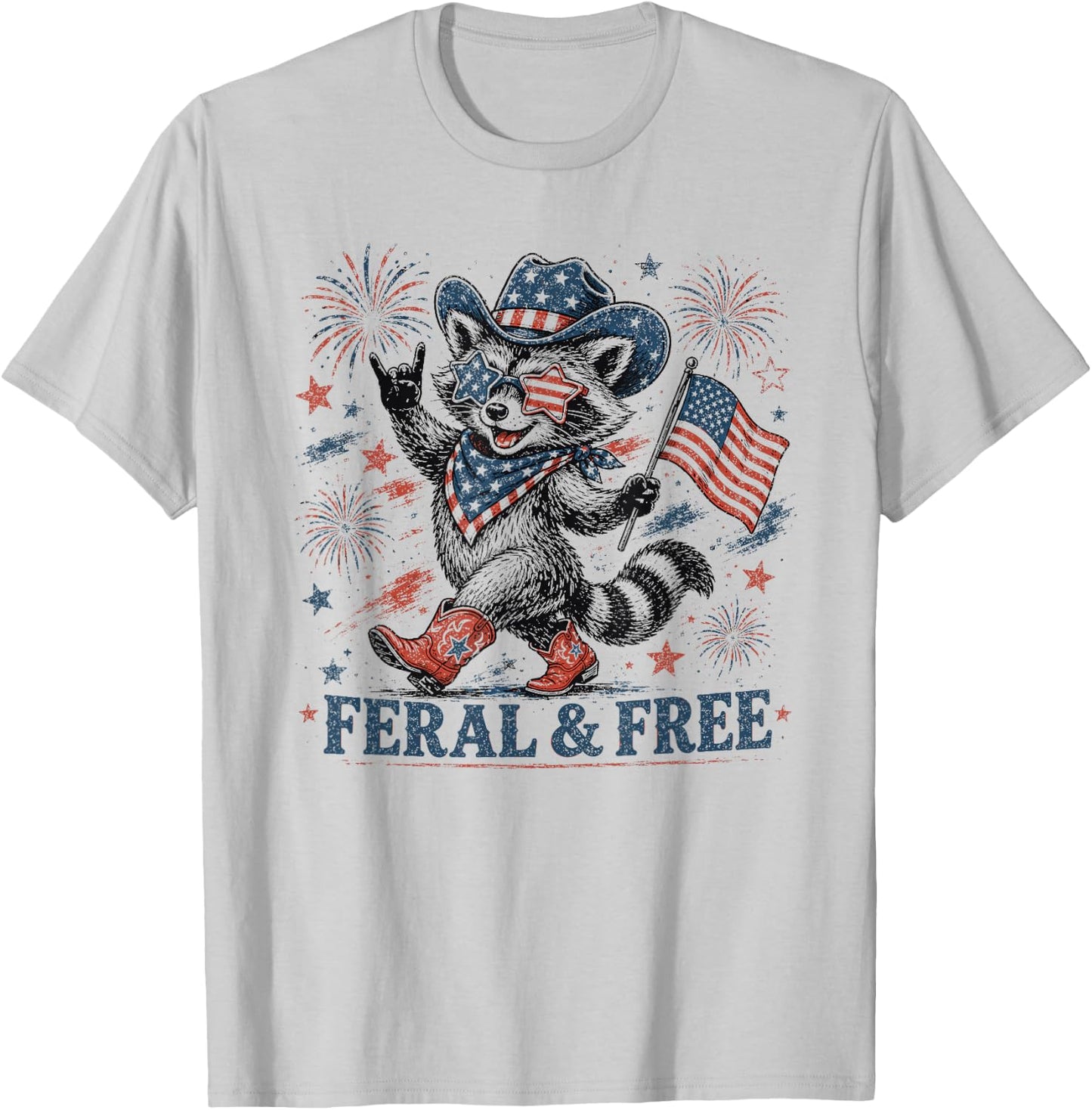 4th of July Feral and Free Patriotic Raccoon Cowboy T-Shirt - T-Shirt | Ash