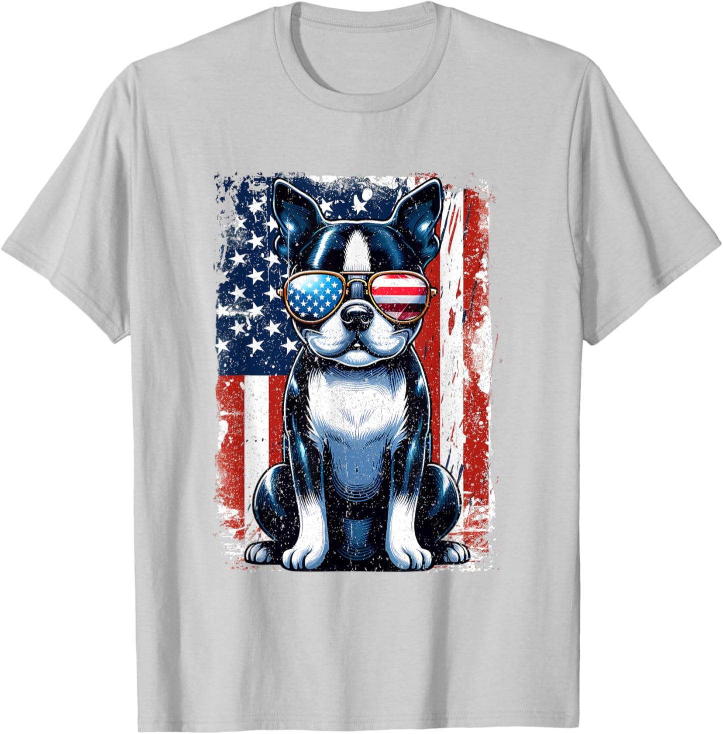 Boston Terrier Dog American USA US Flag Pets Vintage Outfit T-Shirt - T-Shirt | Ash